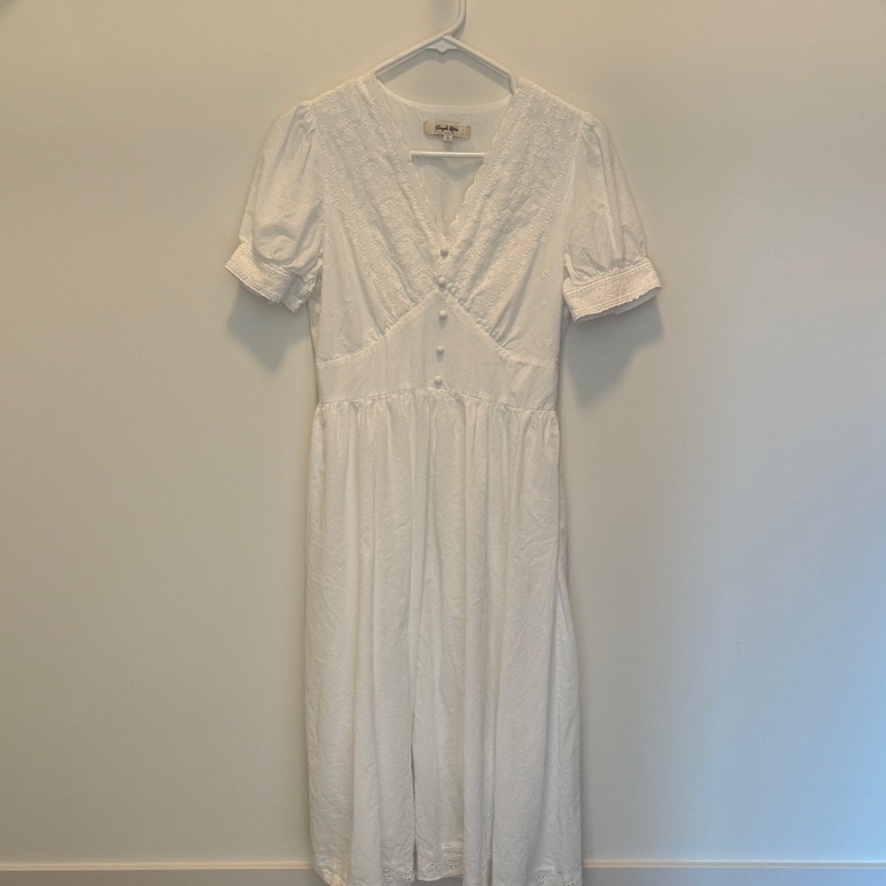 100% Cotton White Eyelet Midi Dress with Lace-Trim V-Neck Simple Retro